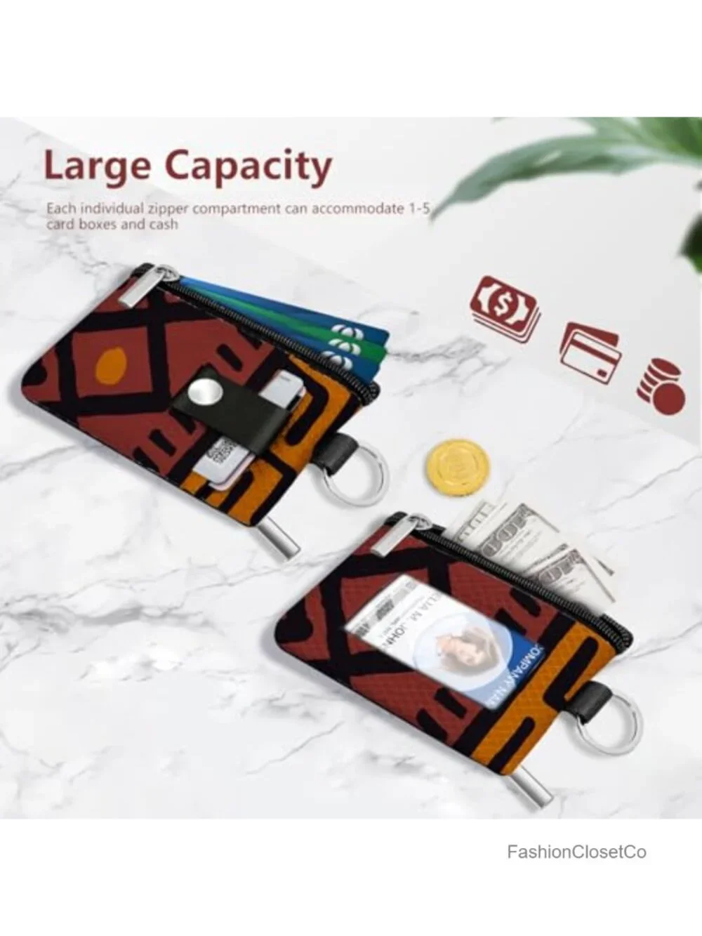 Mini Zip Card Case with ID Window RFID Blocking Keychain Wallet